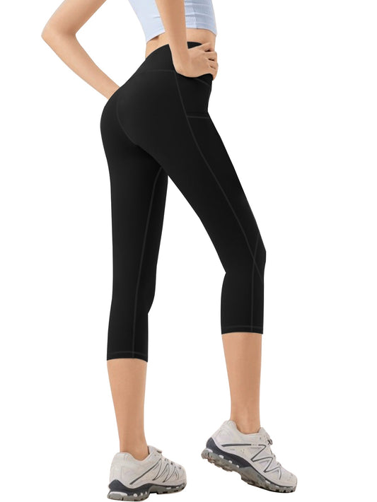 Funidos Women's Yoga Capri Pants with Side Pockets High-Waisted Tummy Control Workout Leggings for Yoga Gym Daily Wear S-5XL