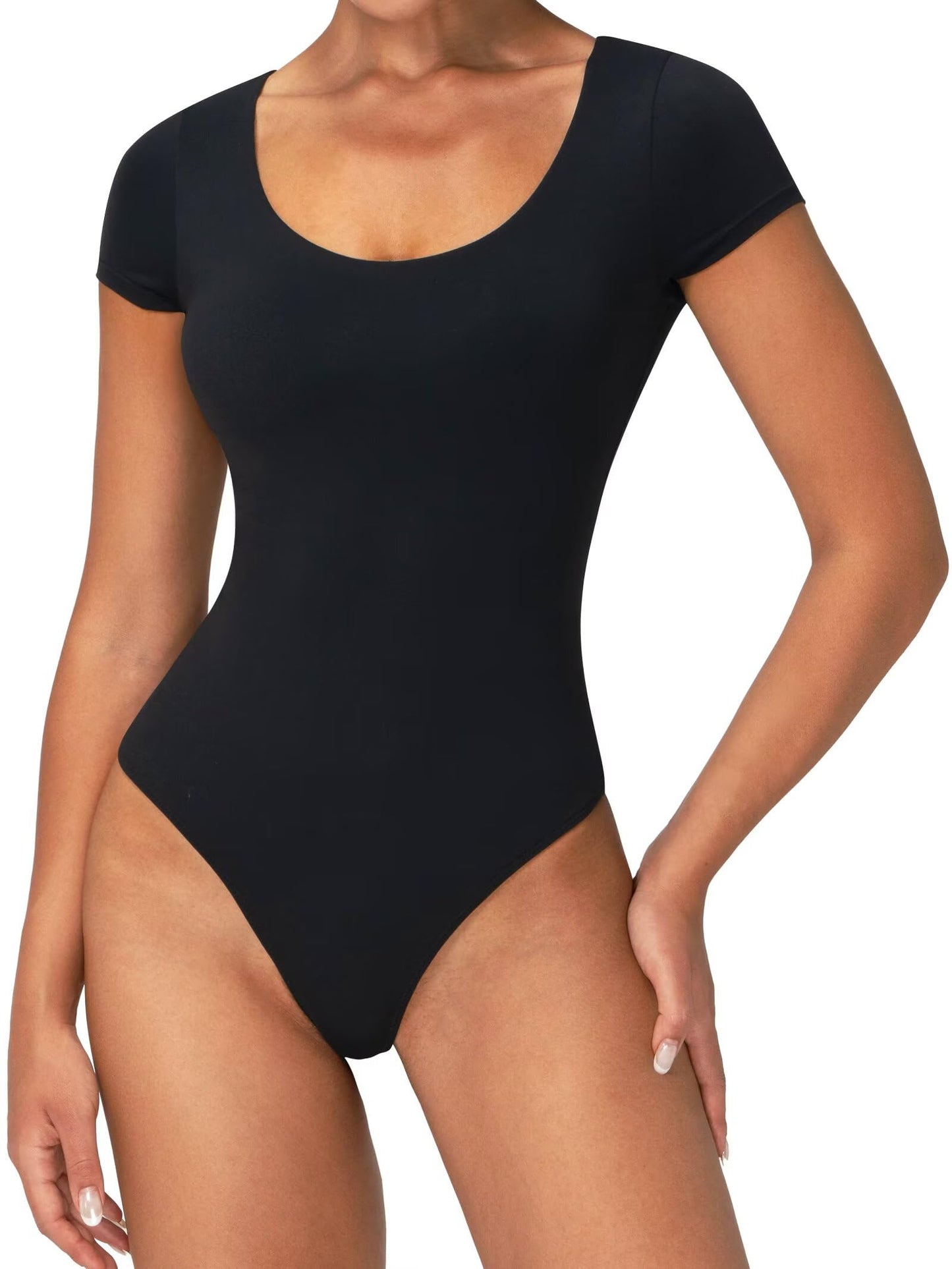 Women's Scoop Neck T-Shirt Bodysuit High Stretch Seamless Thong Leotard Moisture-Wicking Layering Essentials