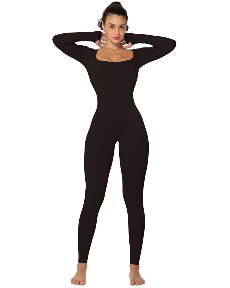 Women's Square Neck Long Sleeve Tummy Control Jumpsuits