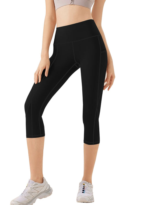 Funidos Women's Yoga Capri Pants with Side Pockets High-Waisted Tummy Control Workout Leggings for Yoga Gym Daily Wear S-5XL