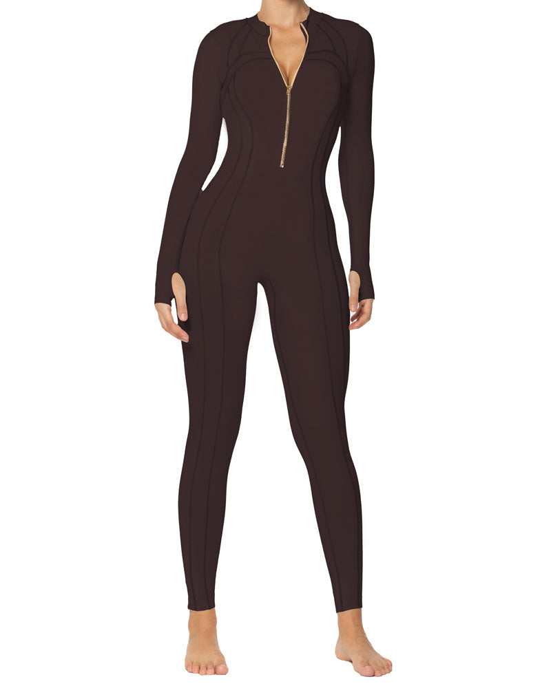 25" Women's Long Sleeve Bodycon Zip Jumpsuits