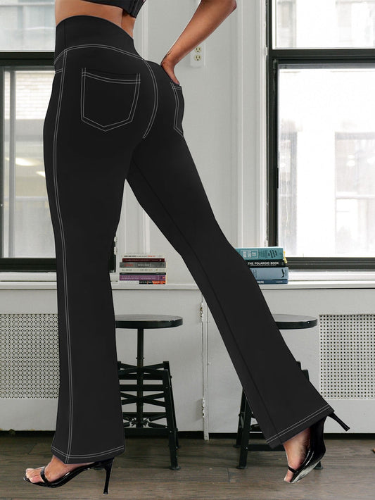 Women's High-Waisted Flare Pants Stretchy Polyester Spandex Blend,Comfort Fit, Elastic Waist,30"Inseam,Sizes S-5XL,Casual Lounge Trousers