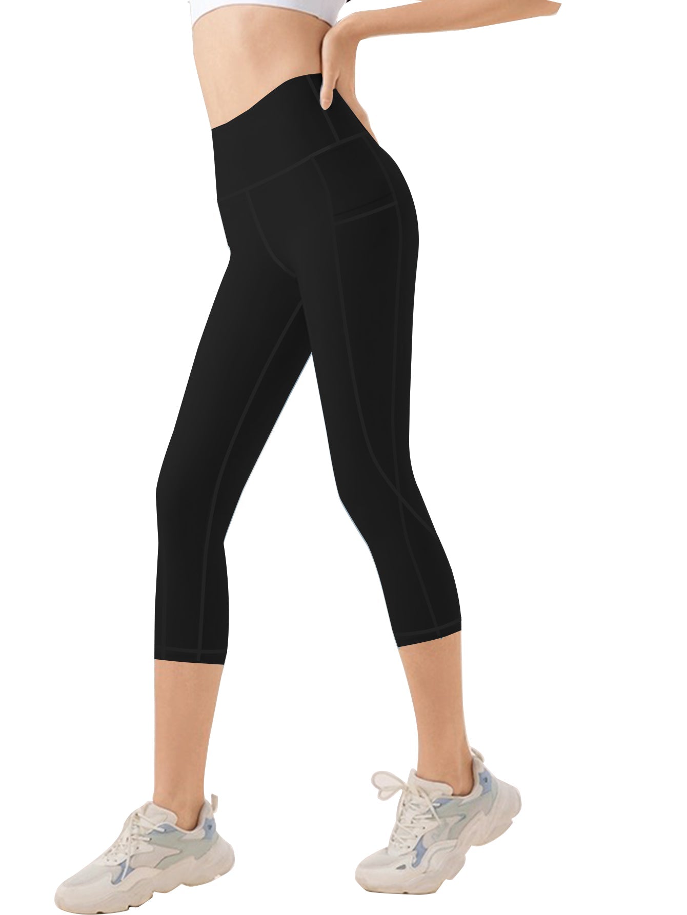 Funidos Women's Yoga Capri Pants with Side Pockets High-Waisted Tummy Control Workout Leggings for Yoga Gym Daily Wear S-5XL
