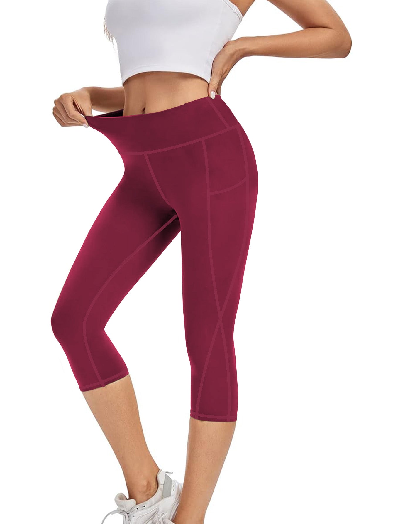 Funidos Women's Yoga Capri Pants with Side Pockets High-Waisted Tummy Control Workout Leggings for Yoga Gym Daily Wear S-5XL