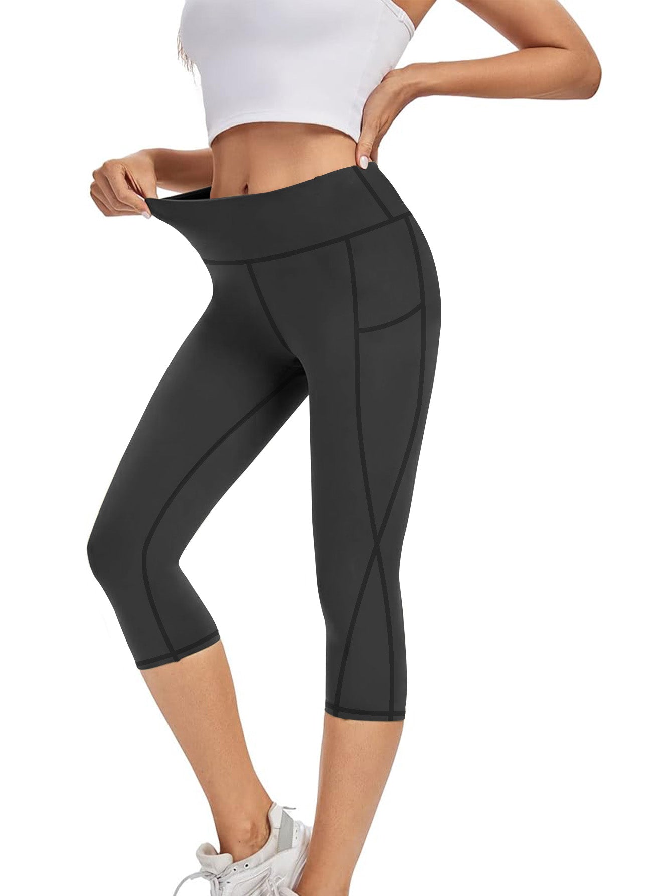 Funidos Women's Yoga Capri Pants with Side Pockets High-Waisted Tummy Control Workout Leggings for Yoga Gym Daily Wear S-5XL