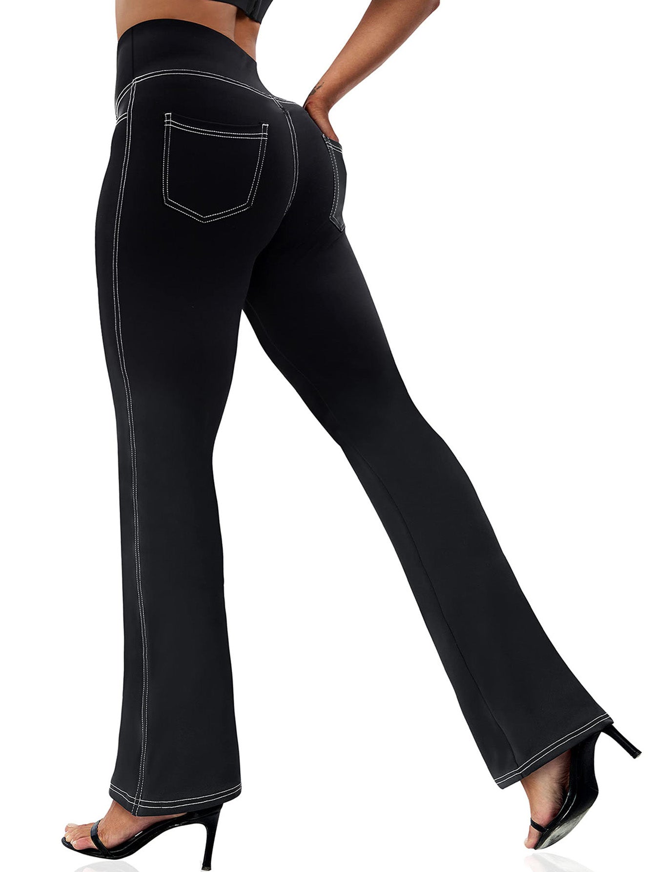 Plus Size Women's High-Waisted Flare Pants Stretchy Polyester Spandex Elastic Waist Lounge Trousers Sizes 0XL-5XL 30" Inseam