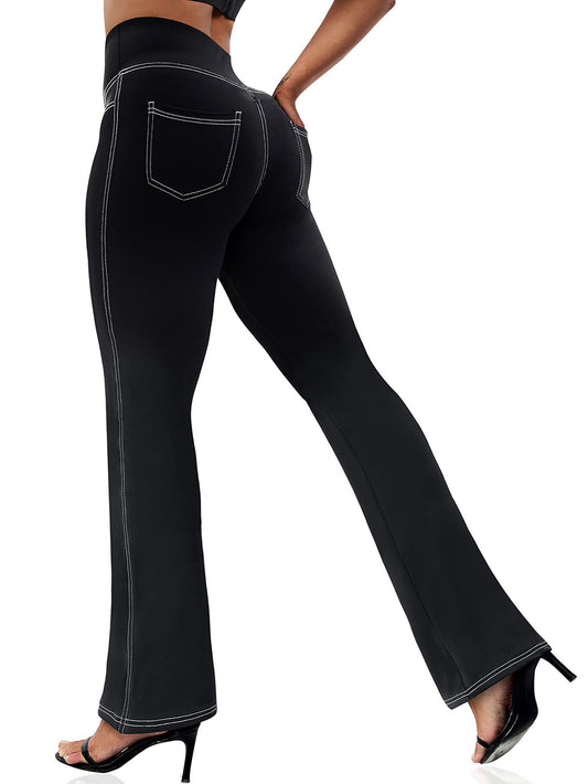 Plus Size Women's High-Waisted Flare Pants Stretchy Polyester Spandex Elastic Waist Lounge Trousers Sizes 0XL-5XL 30" Inseam